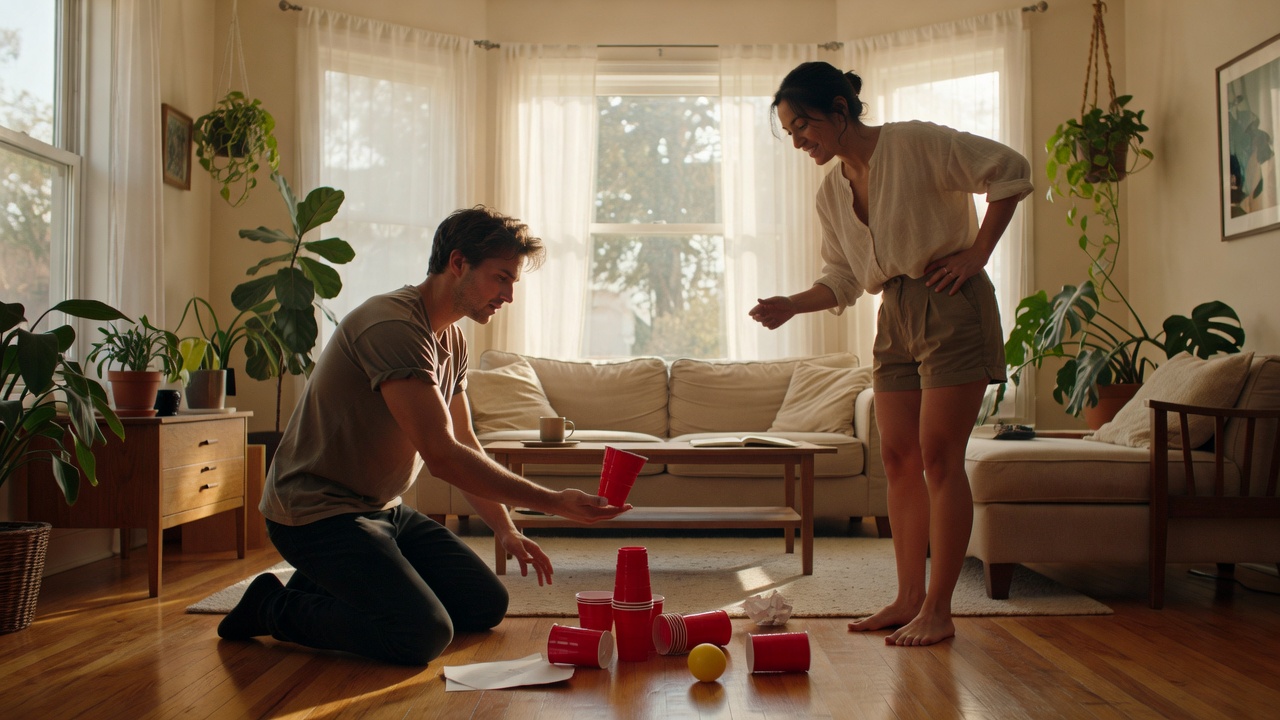 Two creators rehearsing a simple prop challenge in a sunlit living room