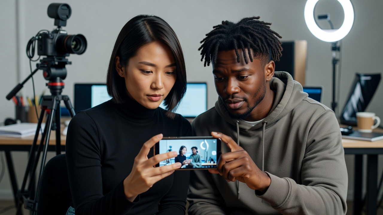 Creator partners reviewing footage on a phone together before publishing