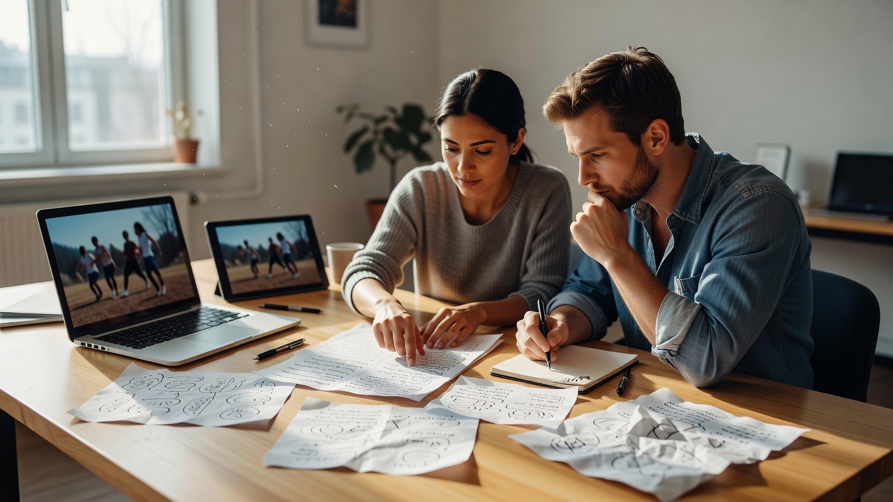 Collaborators comparing video examples and handwritten notes at a bright shared desk